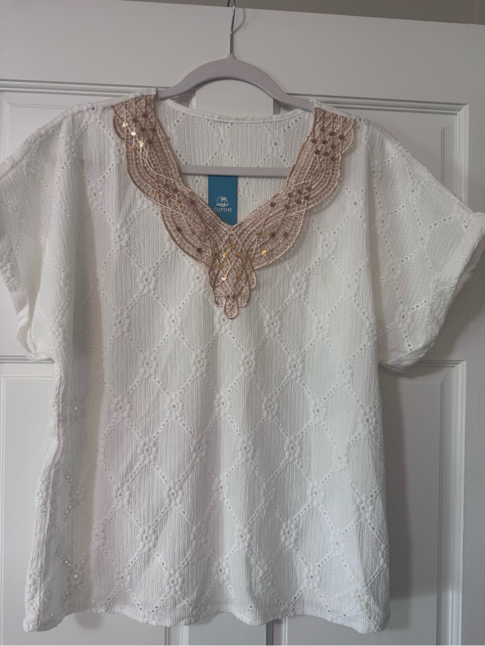 Cupshe White Eyelet Knit Tunic with Gold Lace V-Neck
